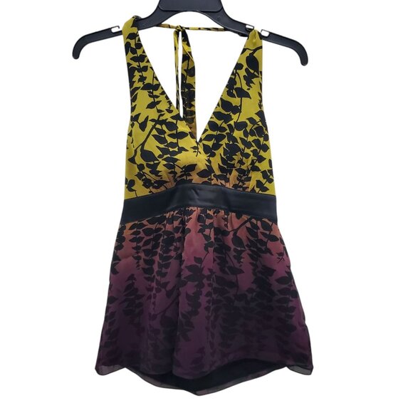 Express Women's Y2K Lime Purple Ombre Tropical Leaf Print Silk Halter Neck Top 6 - Picture 1 of 10